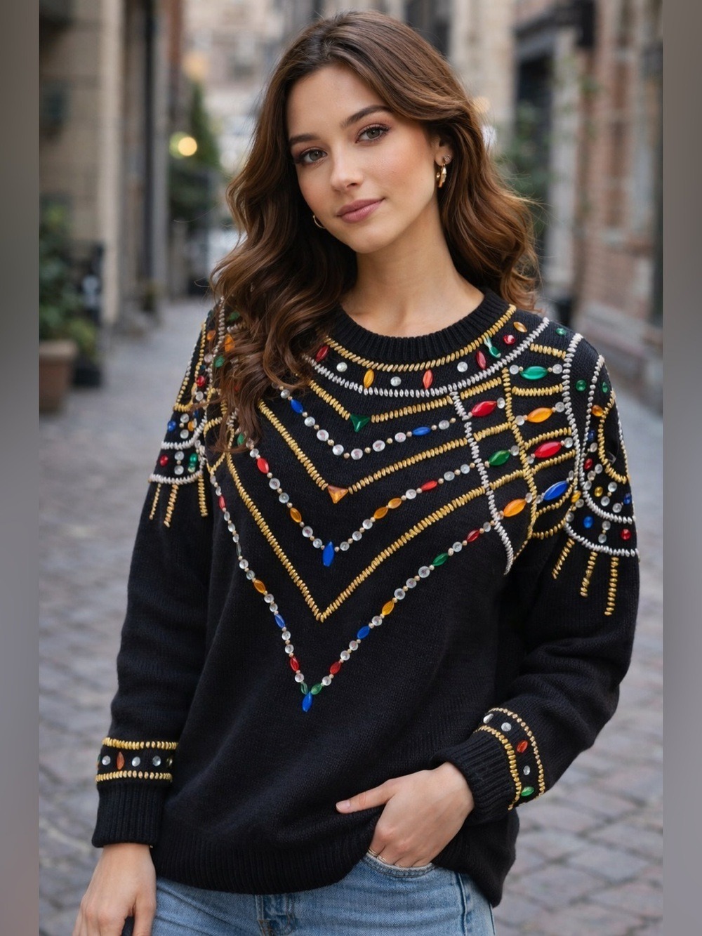 Vintage 1980's 1990's Elegant Sweater Pullover Dark Black Colorful Sequins